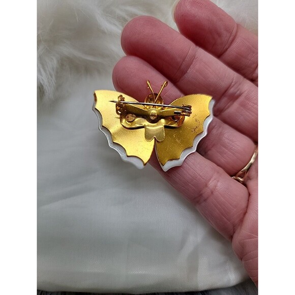 Vintage Antique Gold Tone Mother of Pearl Moth Butterfly Brooch Bouquet Pin - Picture 3 of 6
